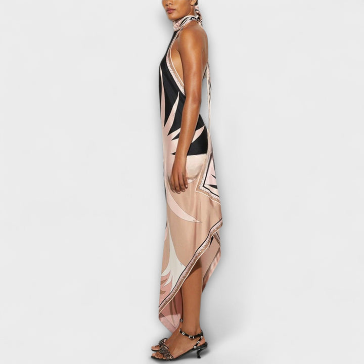 Ivy - Schwarz-cremes Satin-Trägerkleid mit Print