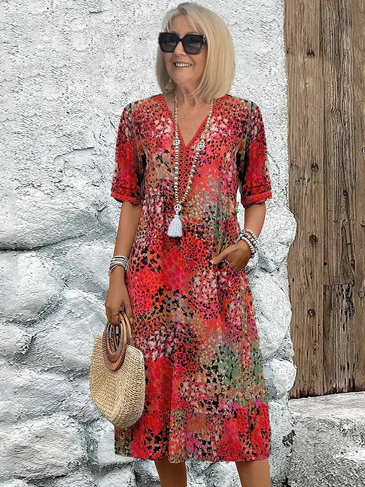 Lia - Rotes Midikleid mit Blütenmuster