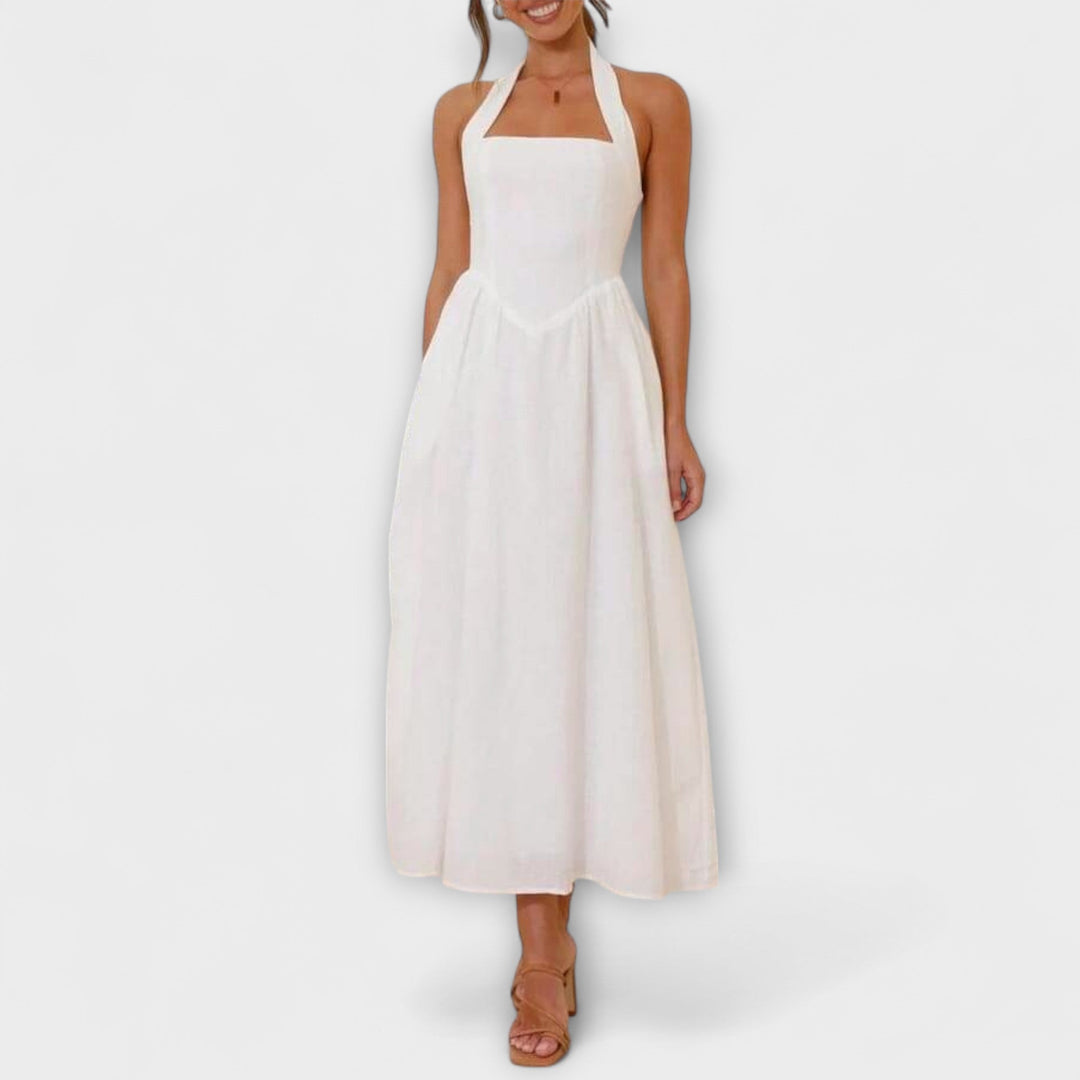 Lydia - Schwarzes Mid-Length-Halterkleid mit Taillendetail