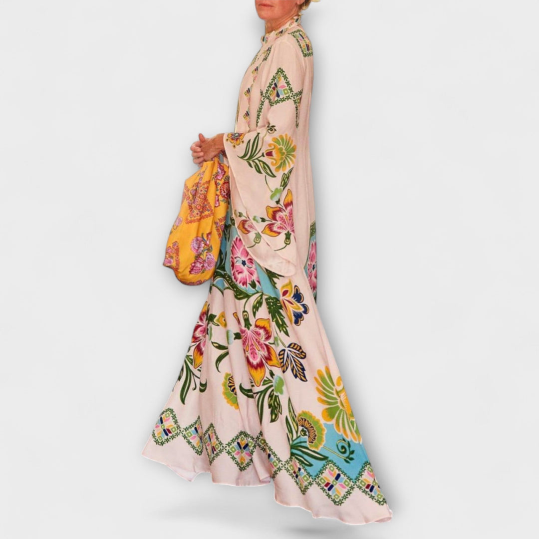 Lisa - Cremefarbenes Maxikleid mit Blütenmuster