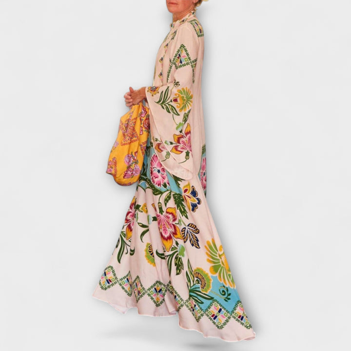 Lisa - Cremefarbenes Maxikleid mit Blütenmuster