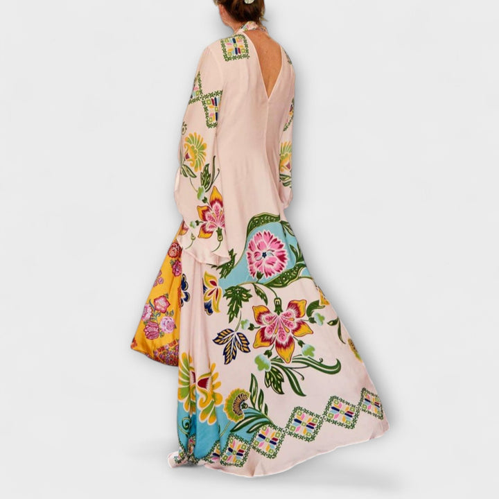 Lisa - Cremefarbenes Maxikleid mit Blütenmuster