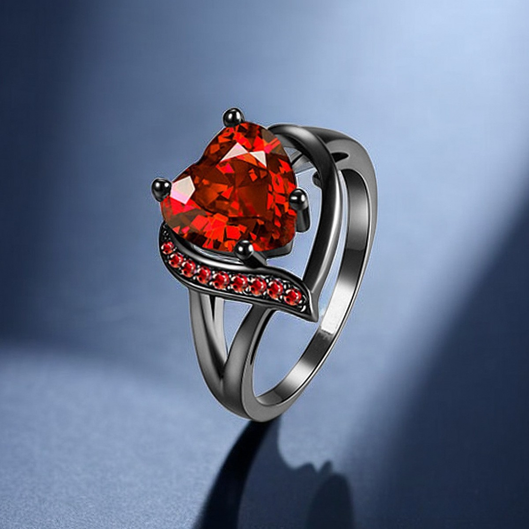 Black Gold Ring Aoibhinn with Ruby Heart