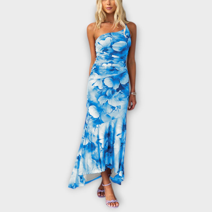 Pia - Lila Maxikleid mit Blütenmuster und Raffung