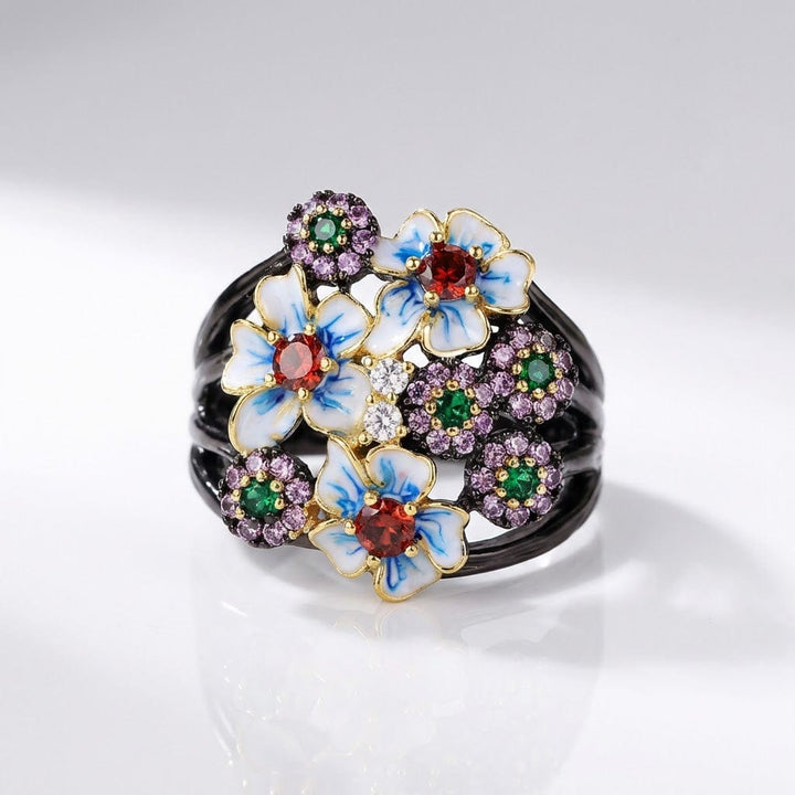Black-Tone Enamel Ring Deirdre with Floral Motif