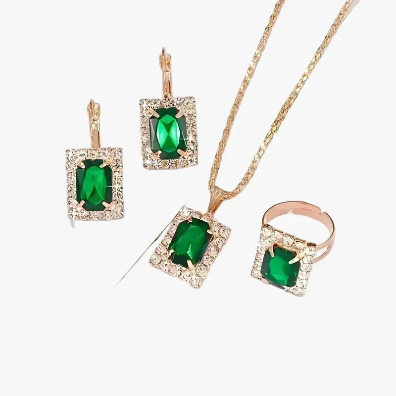 Rose Gold Necklace and Earrings Set with Emerald and Zirconia