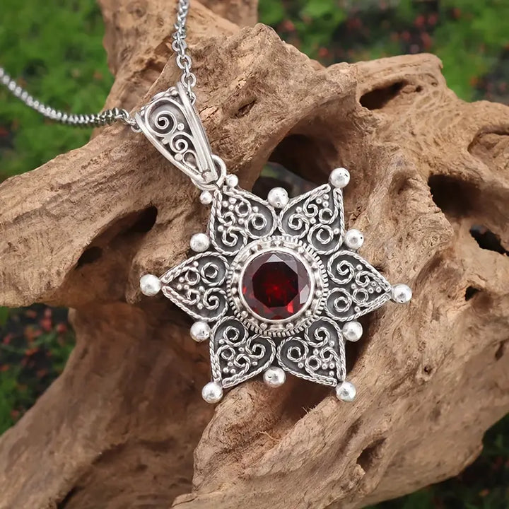 Silver Necklace Nuala with Ruby Star
