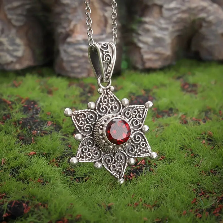 Silver Necklace Nuala with Ruby Star