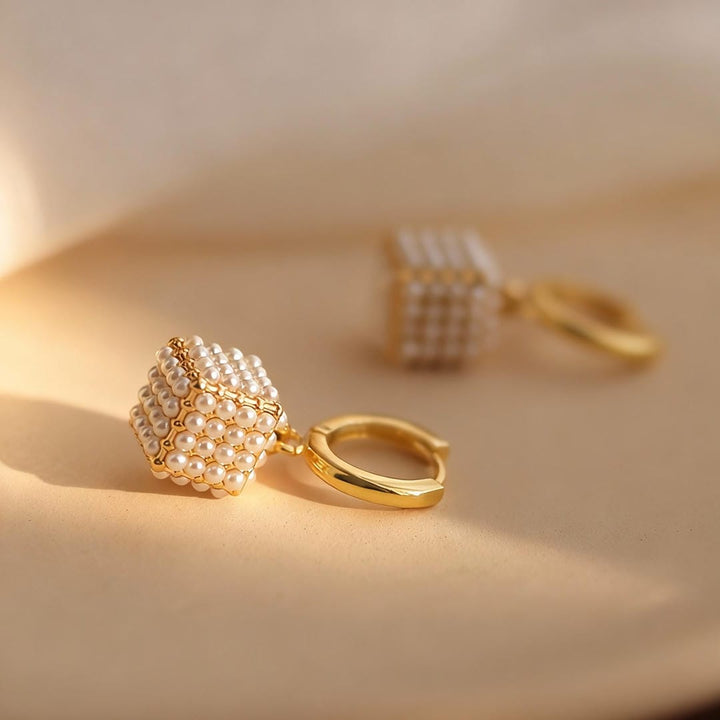 Gold Pearl Drop Earrings Cong with Cube