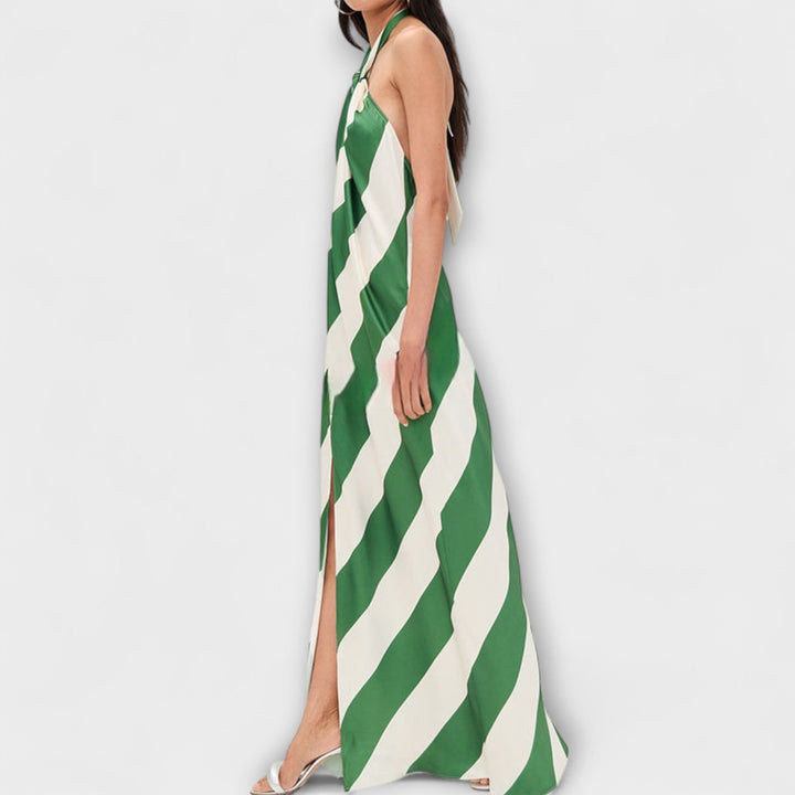 Marlowe - Grün-weisses gestreiftes Halter-Maxikleid