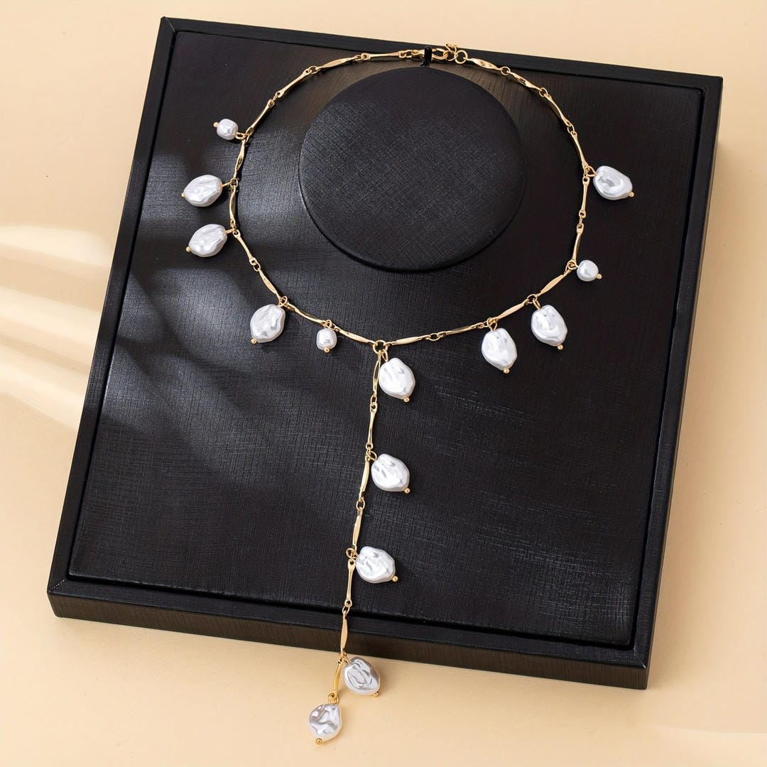 Gold Charm Necklace with Cascading Pearl Drops