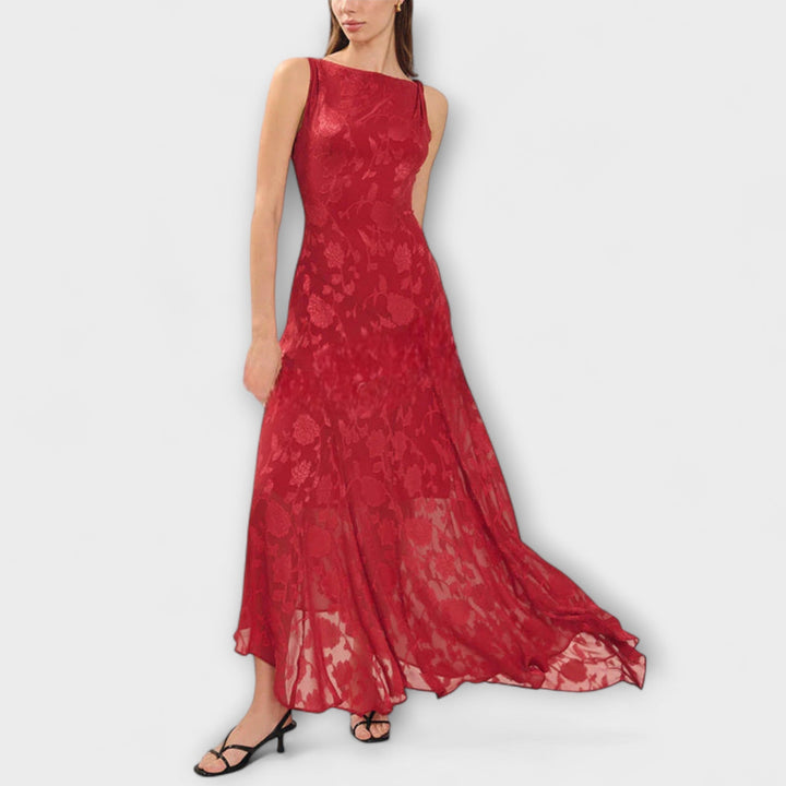 Opal - Rotes rückenfreies Jacquard-Maxikleid