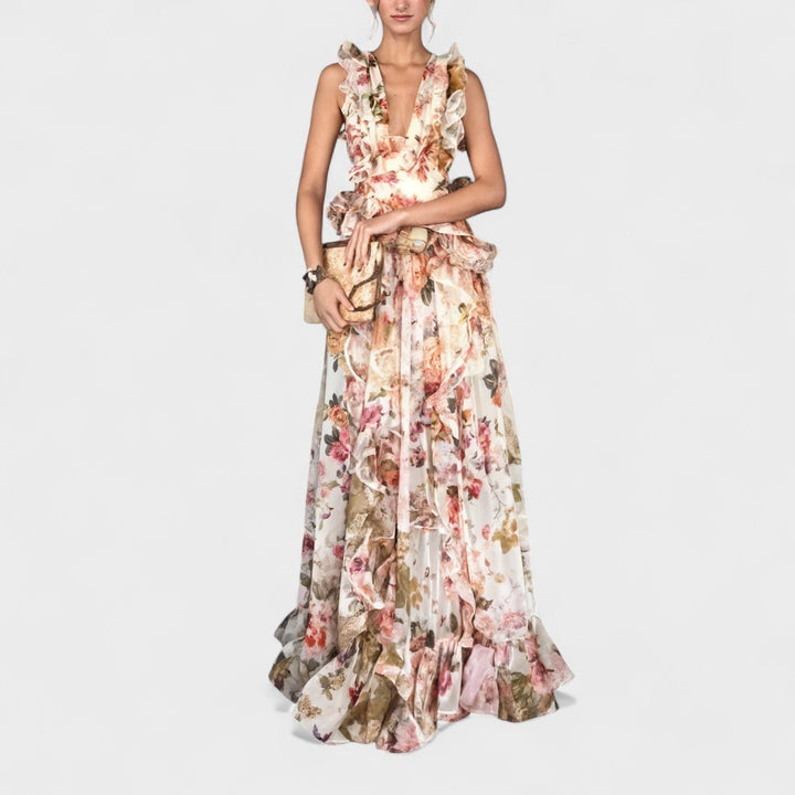 Isabela - Langes Kleid mit Rüschen und Blütenmuster