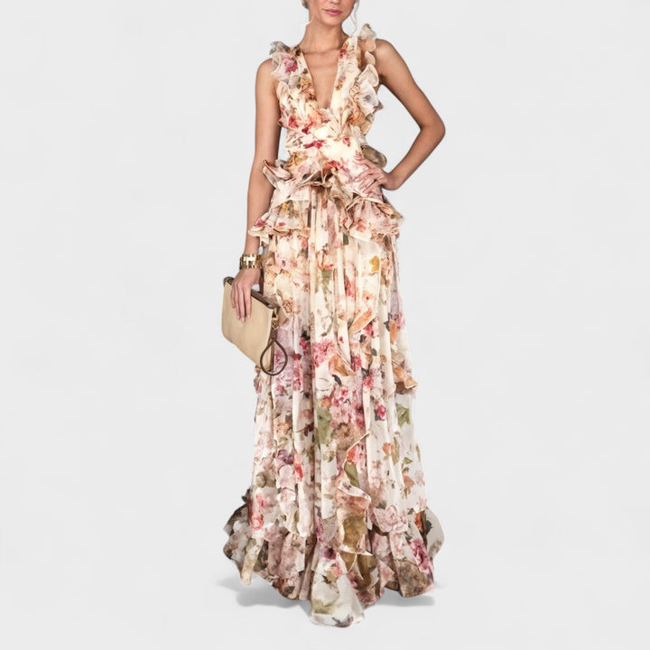 Isabela - Langes Kleid mit Rüschen und Blütenmuster
