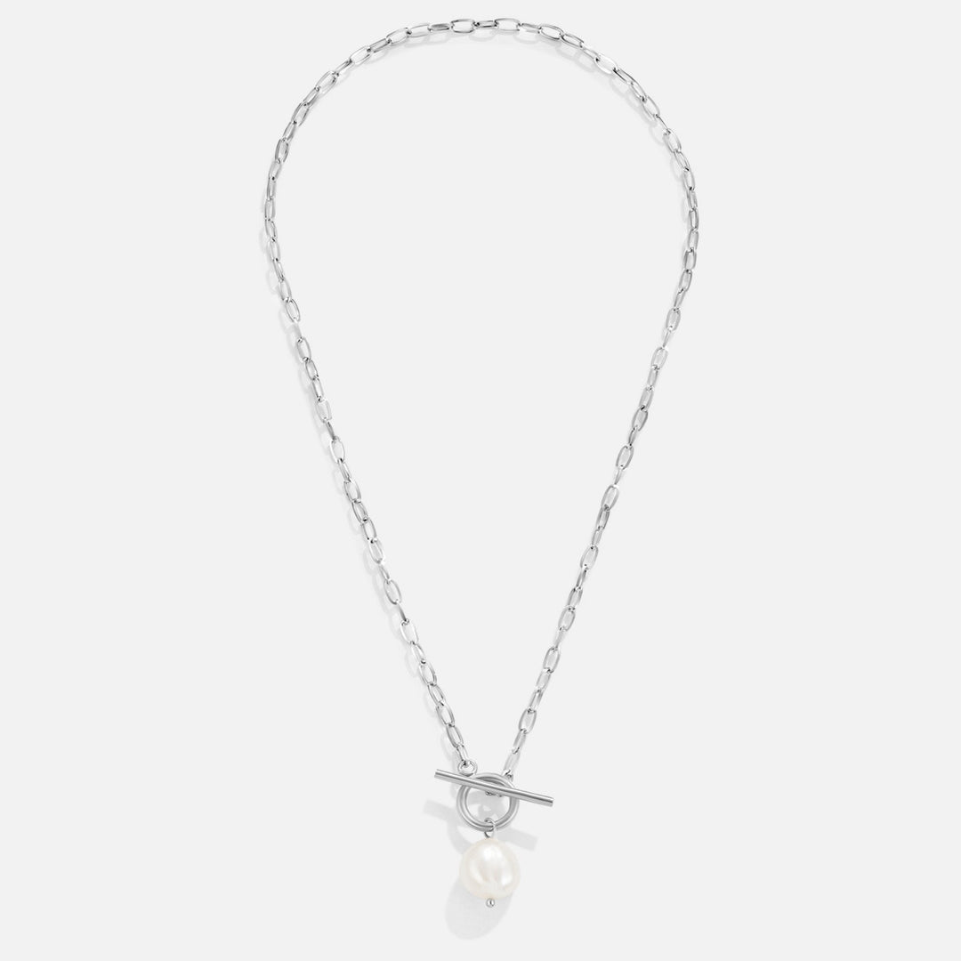 Silver Necklace with Baroque Pearl and Toggle Clasp