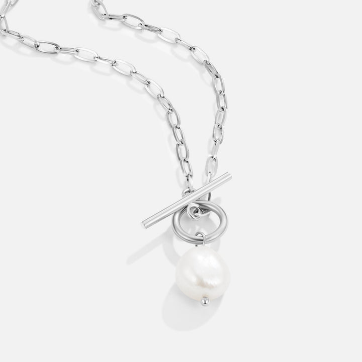 Silver Necklace with Baroque Pearl and Toggle Clasp