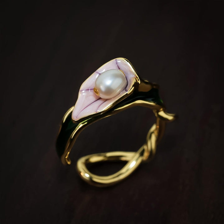Gold Adjustable Open Ring with Pearl & Lily Motif
