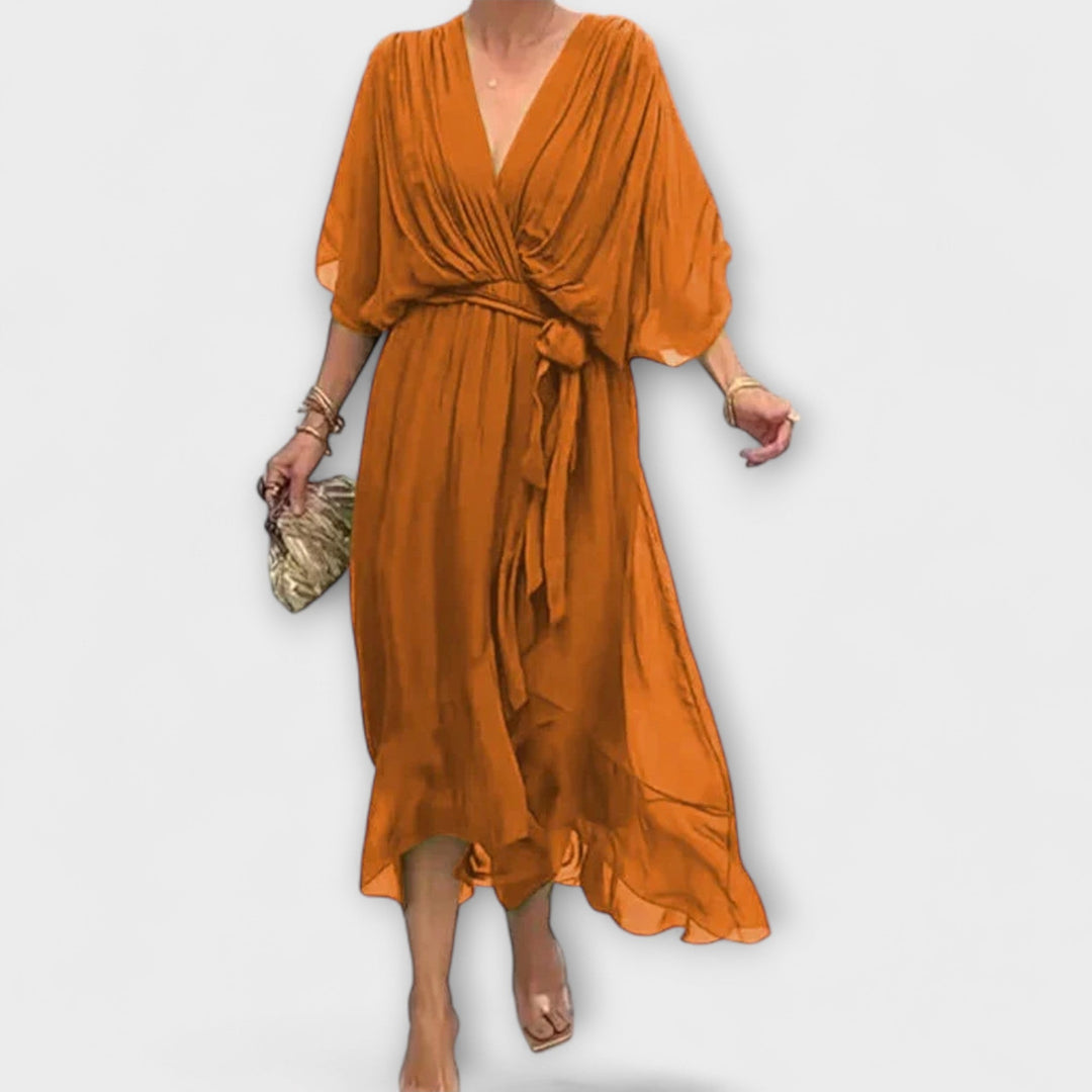 Amoura - Olivgrünes Chiffonkleid mit V-Ausschnitt