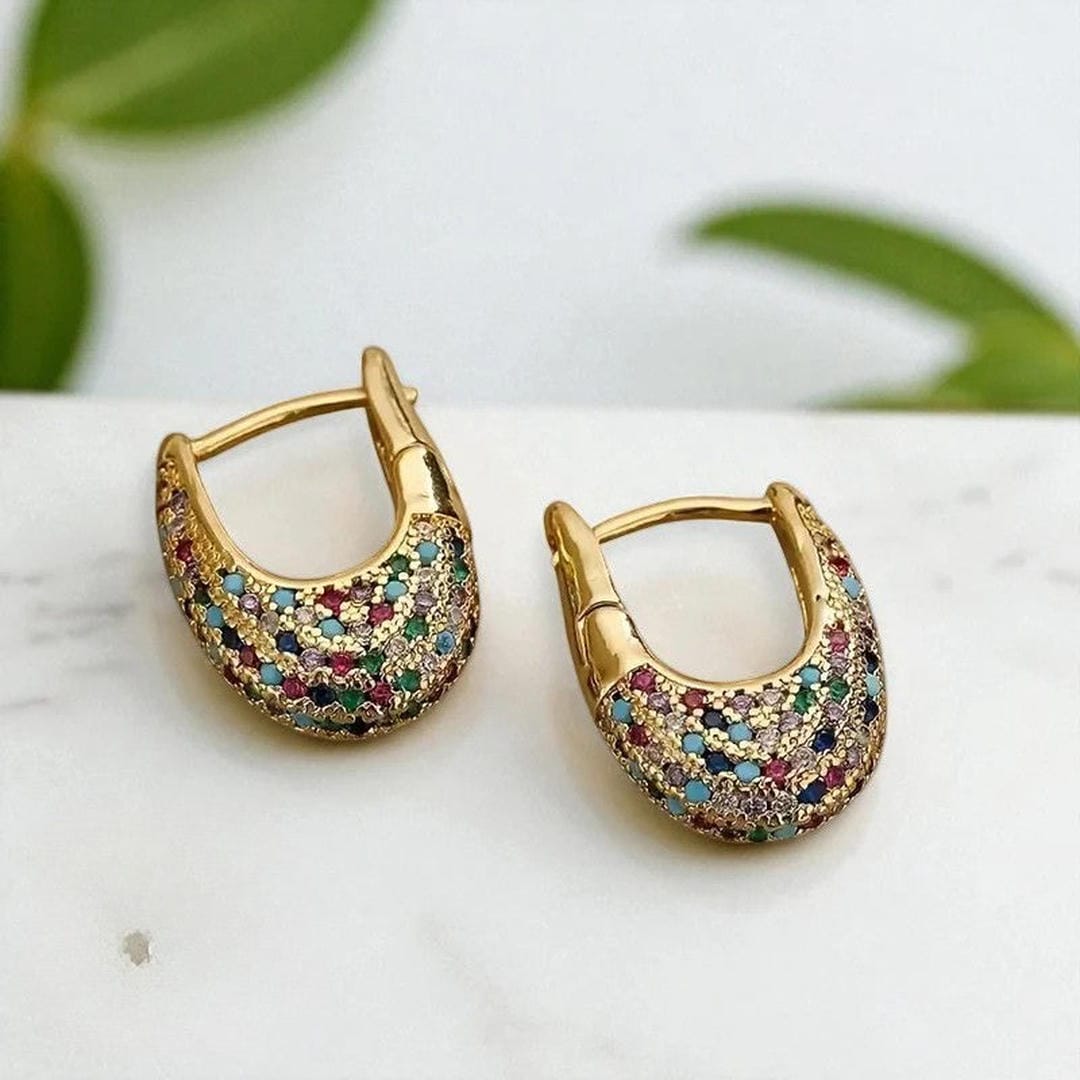 Gold Huggie Earrings Aisling with Multicolour Crystals
