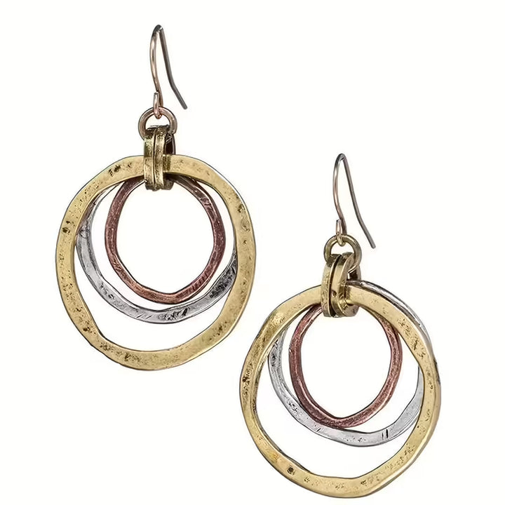 Tri-Tone Gold, Silver & Rose Gold Hoop Earrings with Hammered Rings