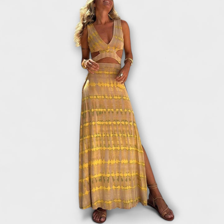 Ella - Gelbes Tie-Dye-Maxikleid mit Cut-Out