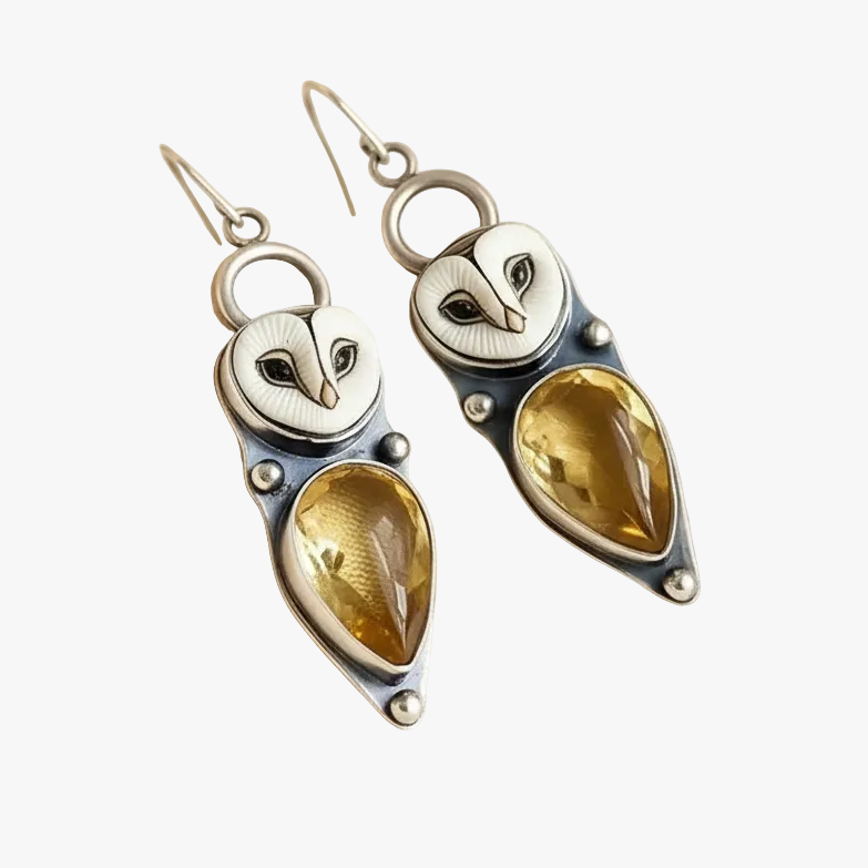 Silver Drop Earrings Dervla with Owl and Citrine