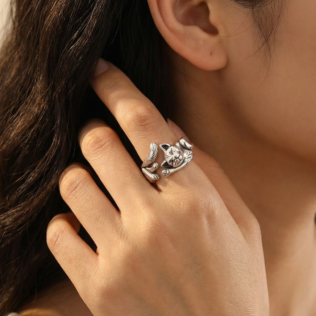 Silver Adjustable Ring Maeve with Cat Motif