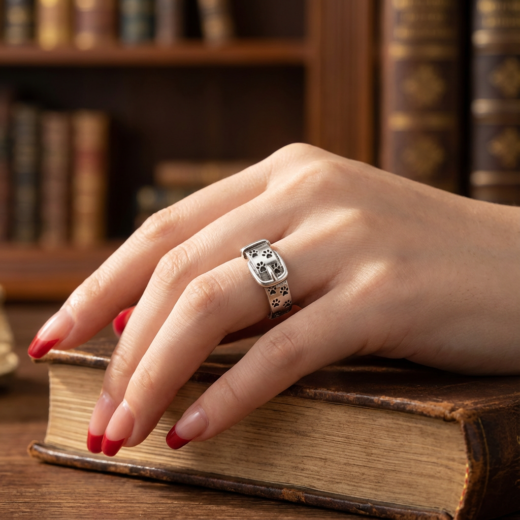 Silver Band Ring Bláthnaid with Paw Print Motif