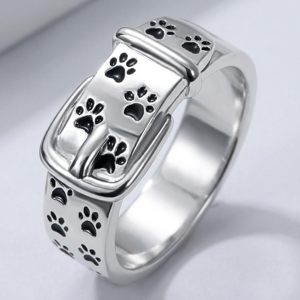 Silver Band Ring Bláthnaid with Paw Print Motif