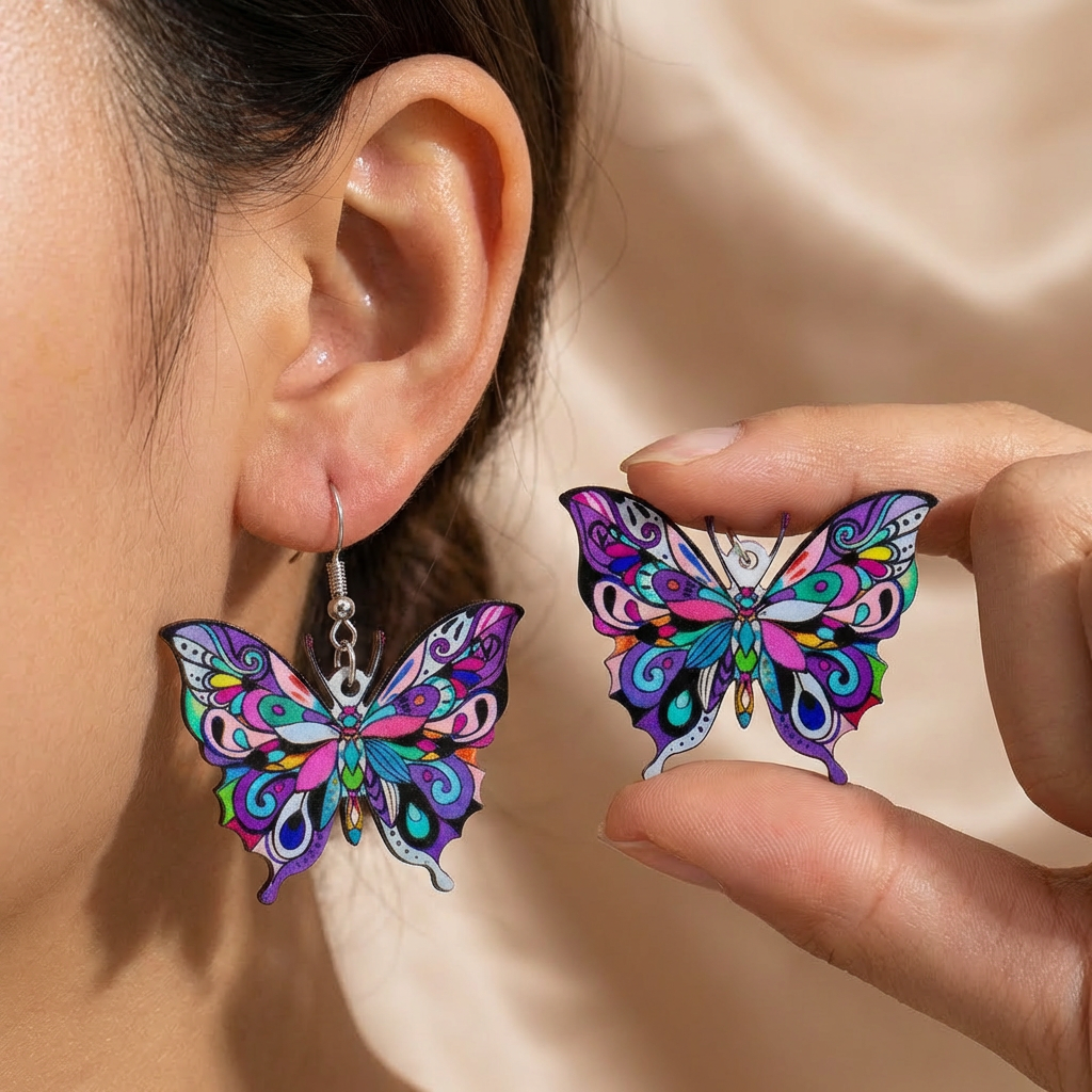 Colourful Drop Earrings Íde with Butterfly Motif