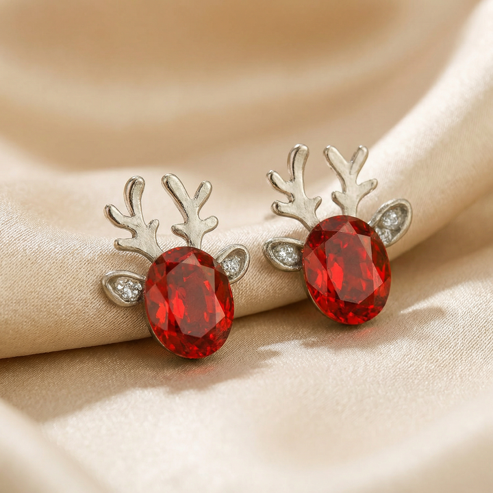 Silver Stud Earrings with Reindeer and Red Crystal