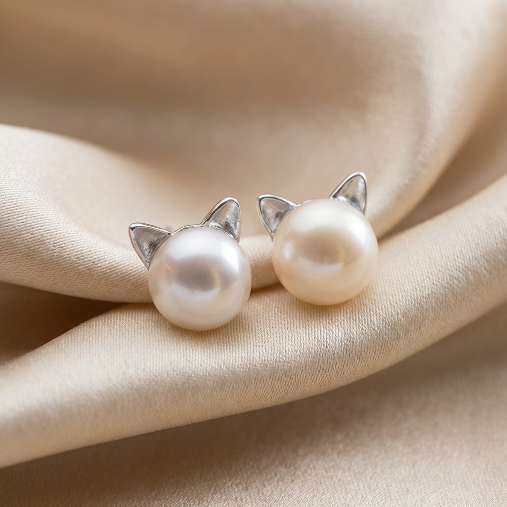Silver Stud Earrings Sorcha with Pearl and Cat Motif