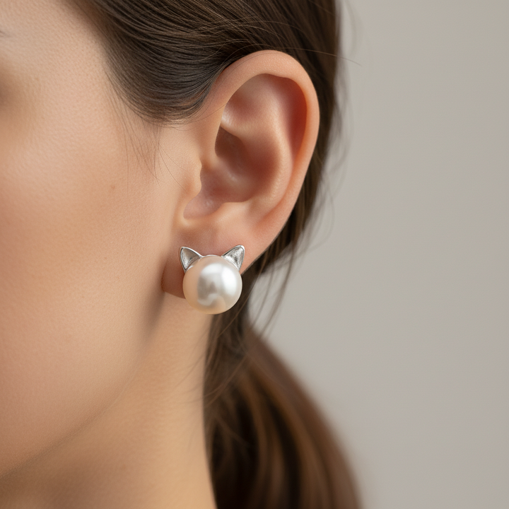 Silver Stud Earrings Sorcha with Pearl and Cat Motif
