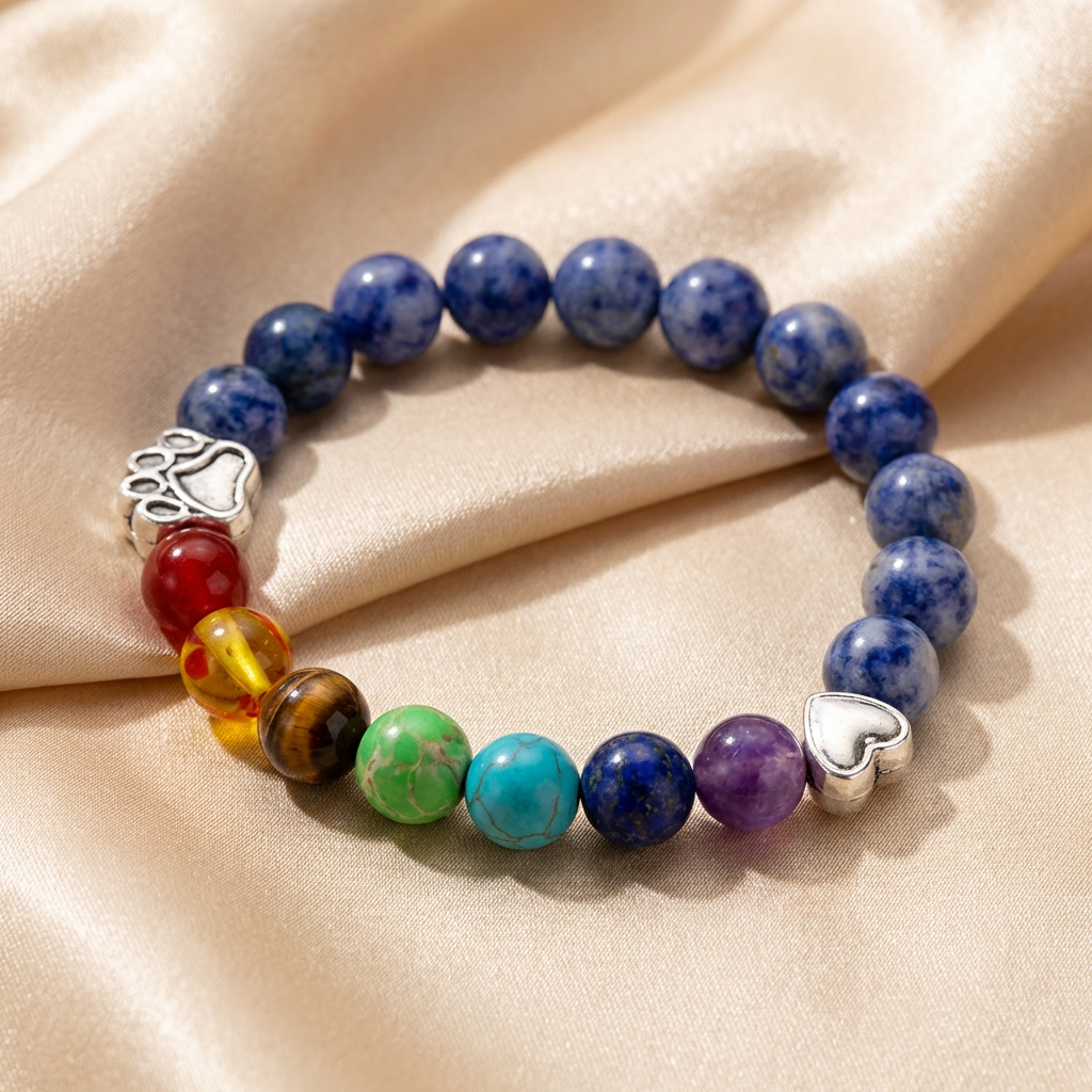 Natural Stone 7 Chakra Beaded Bracelet with Paw Print