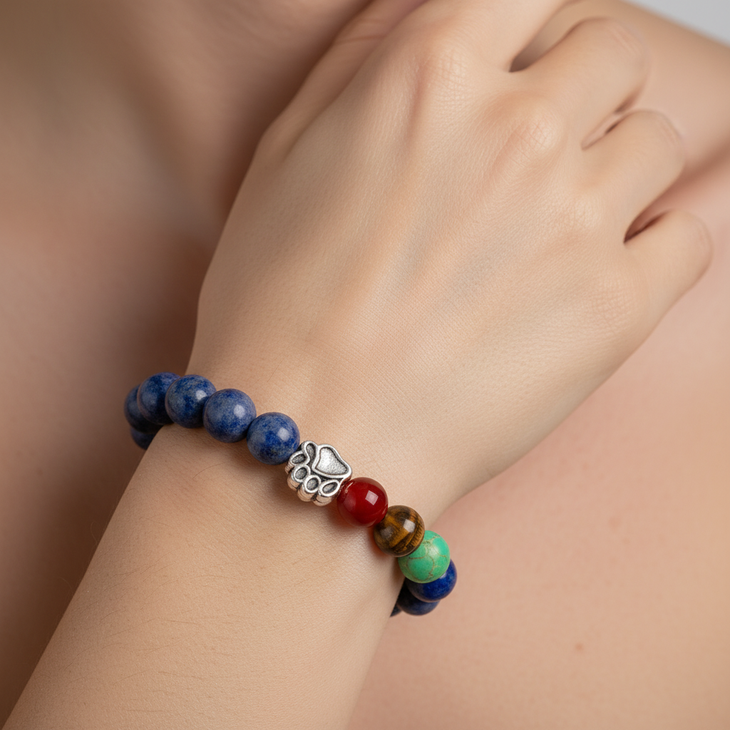 Natural Stone 7 Chakra Beaded Bracelet with Paw Print