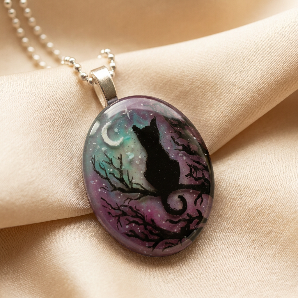 Antique Gold Necklace Sadhbh with Cat and Moon Motif