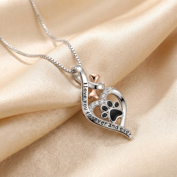 Silver Necklace with Paw Print, Heart and Rose Gold Bone