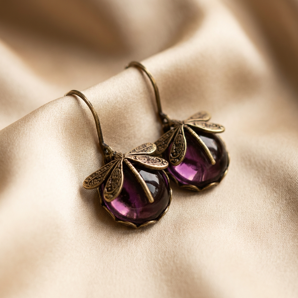 Gold Drop Earrings Dervla with Dragonfly and Teal Stone