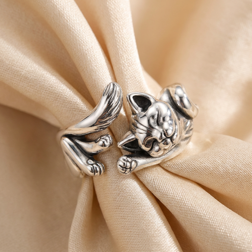 Silver Adjustable Ring Maeve with Cat Motif