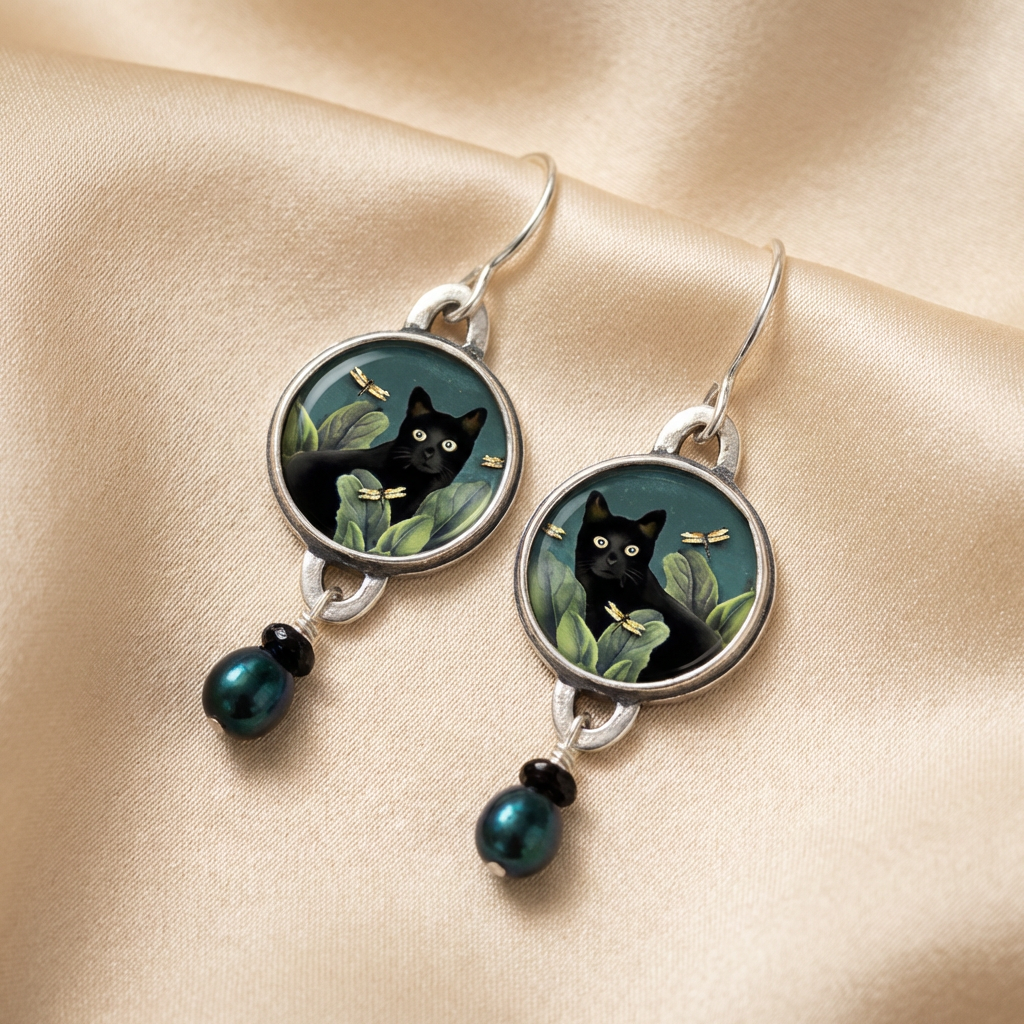 Silver Drop Earrings Gráinne with Black Cat Motif
