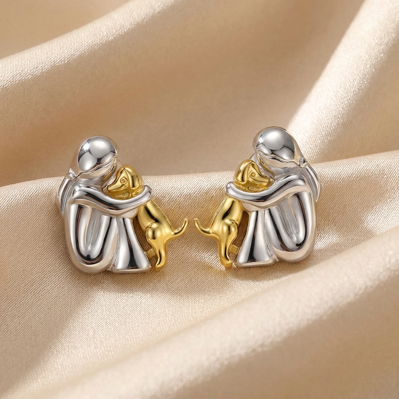 Gold & Silver Stud Earrings with Dog Cuddle Motif