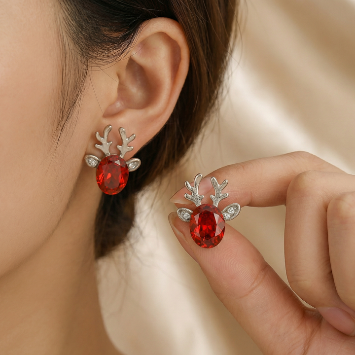 Silver Stud Earrings with Reindeer and Red Crystal