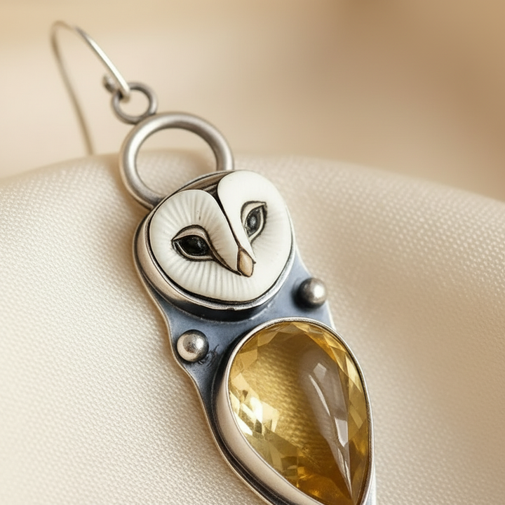 Silver Drop Earrings Dervla with Owl and Citrine