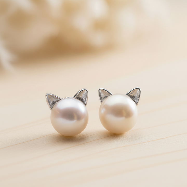 Silver Stud Earrings Sorcha with Pearl and Cat Motif