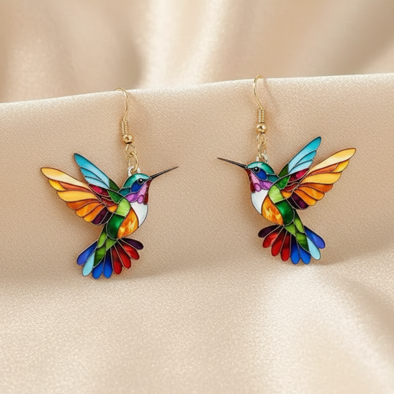 Gold Drop Earrings Fiadh with Hummingbird Motif