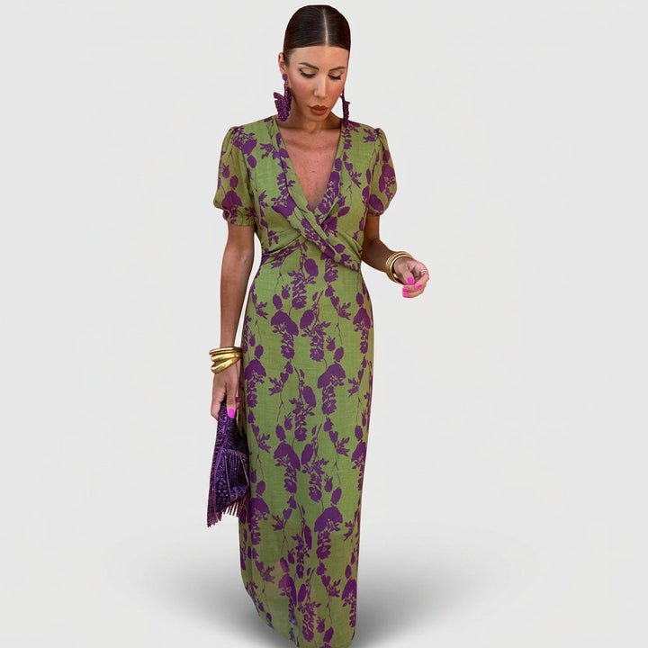 Zoé - Grünes Maxikleid mit lila Blütenmuster