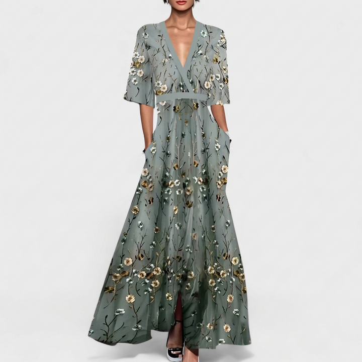 Rute - Graugrünes Maxikleid mit floralem Muster