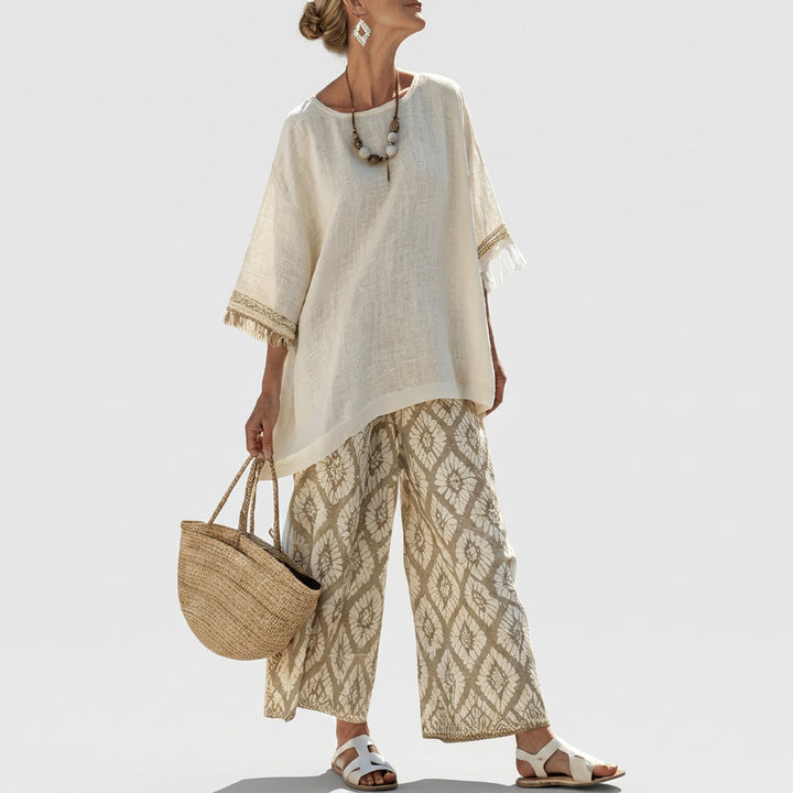 Eduarda - Cremefarbenes elegantes Boho-Chic-Set mit Ikat-Muster