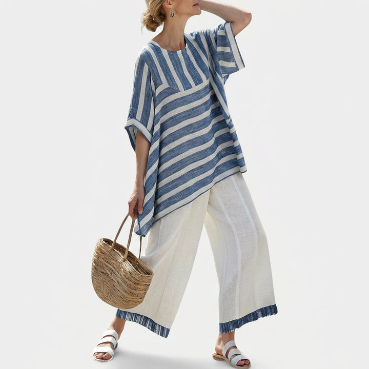 Constança - Blau-weisses mediterranes Leinen-Set mit Streifen