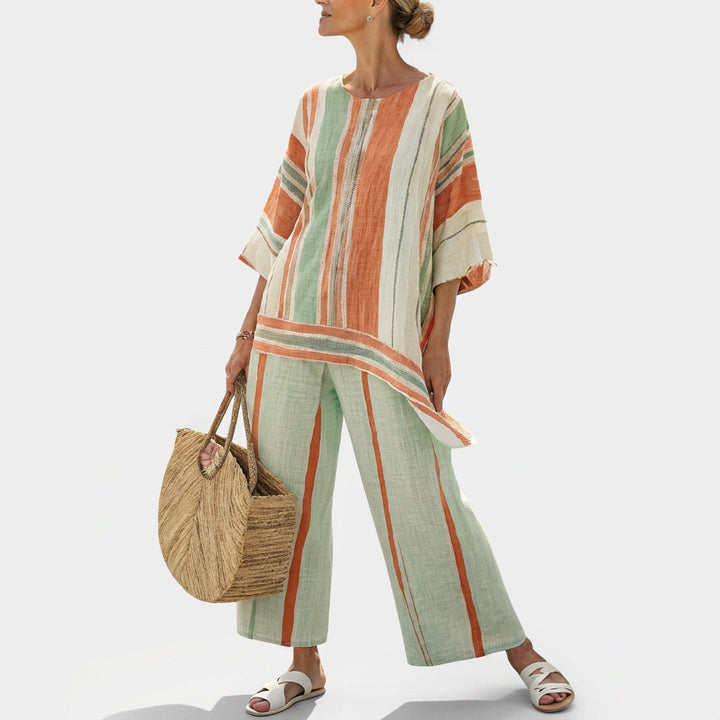 Dalila - Cremefarbenes Leinen-Set mit orangen Streifen